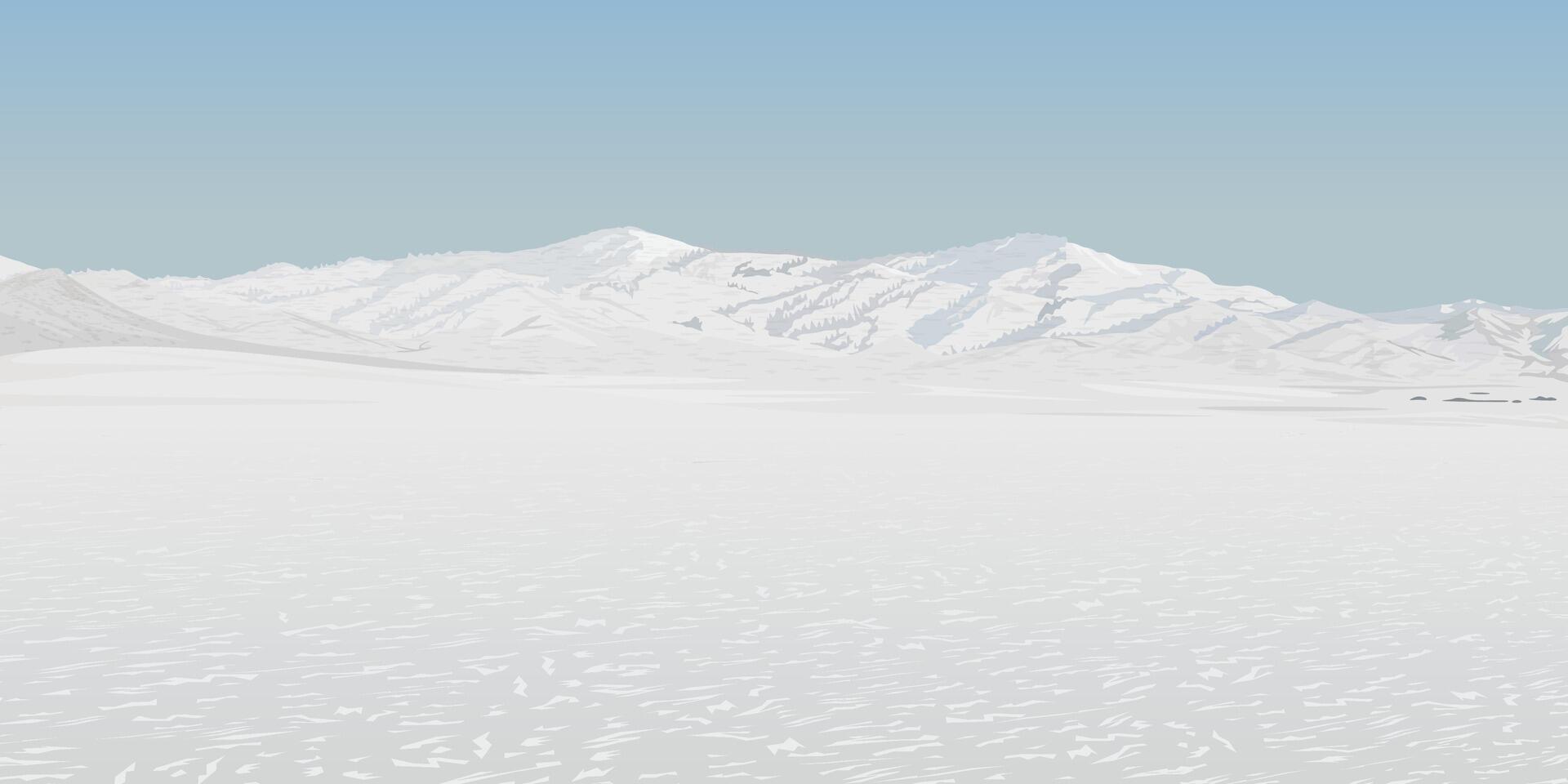 Minimalist mauntain ranges landscape in winter season covered by white snow with blue sky background graphic illustration have blank space. vector
