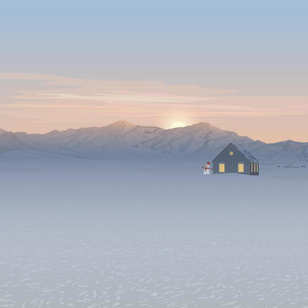 Minimalist sunset landscape in winter season with mauntain ranges, country house and snowman covered by white snow have vanilla sky vertical background graphic illustration. vector