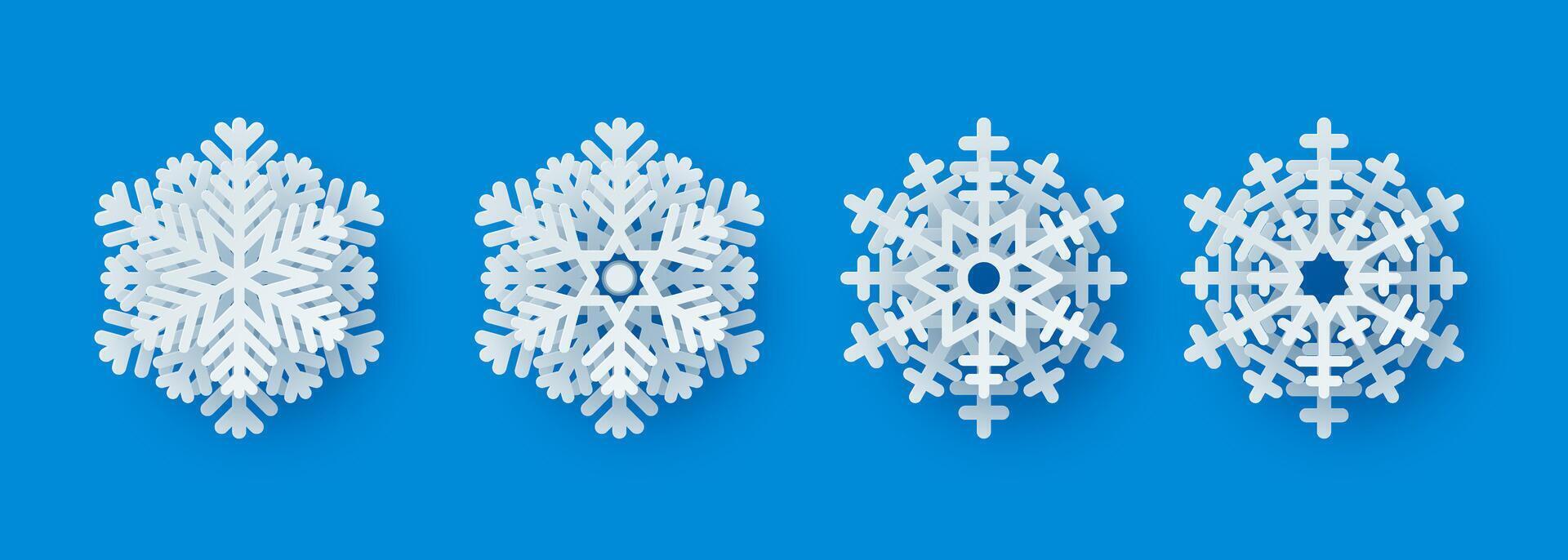 3D paper cut snowflakes with soft shadows on a blue background. Ideal winter design elements for presentations, banners, covers, web, flyers, cards, sales, posters, slides, and social media. vector