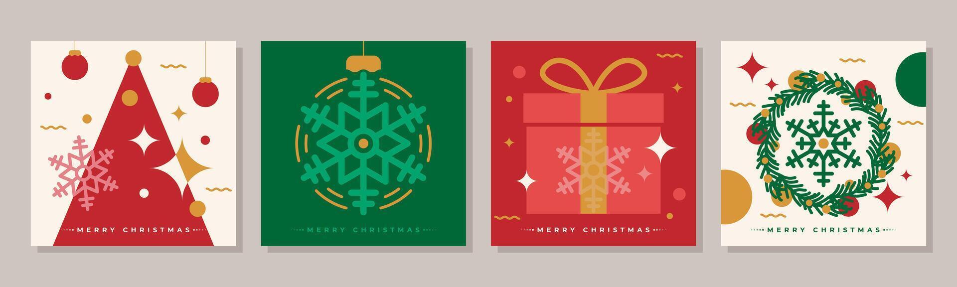 Collection of festive Merry Christmas and Happy New Year greeting cards, posters, or covers featuring holiday elements on a cheerful background. Simple, flat design. vector