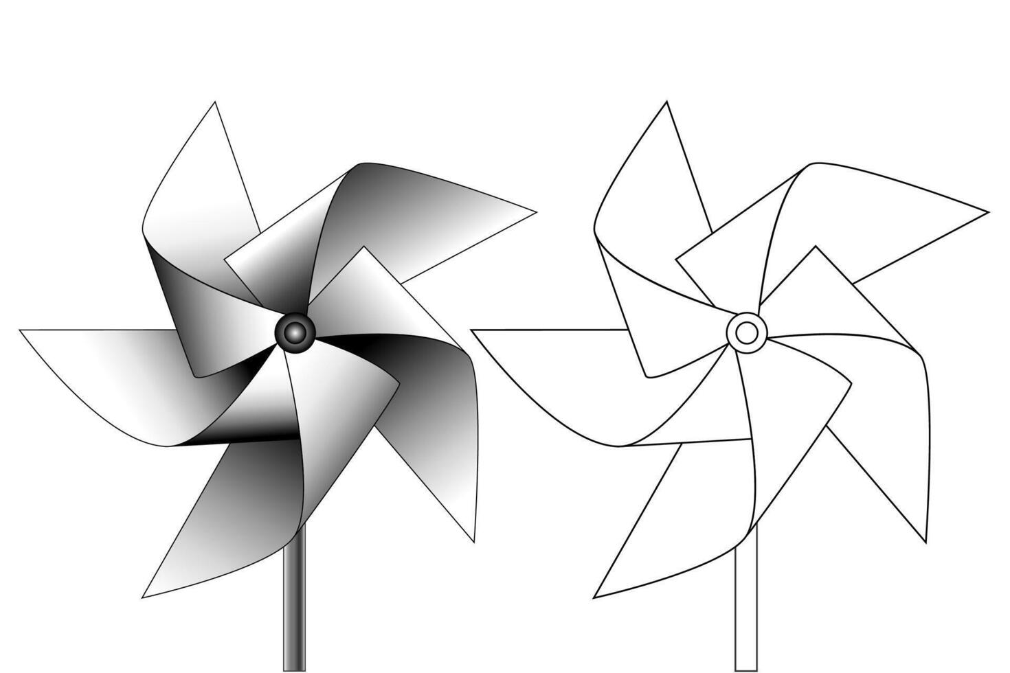 Minimalistic halftone and outline paper origami windmill or pinwheel isolated on white background. Vacation travel symbol, fun play toy concept. Wind mill toy. Modern line art. vector