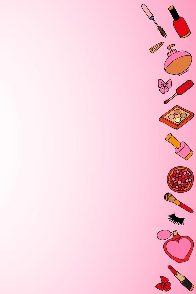 pink vertical background with cosmetics and perfumes in cartoon style with a frame along one edge. vector