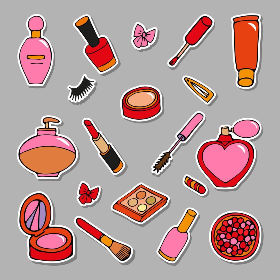 set of colored stickers of makeup products in cartoon style. vector