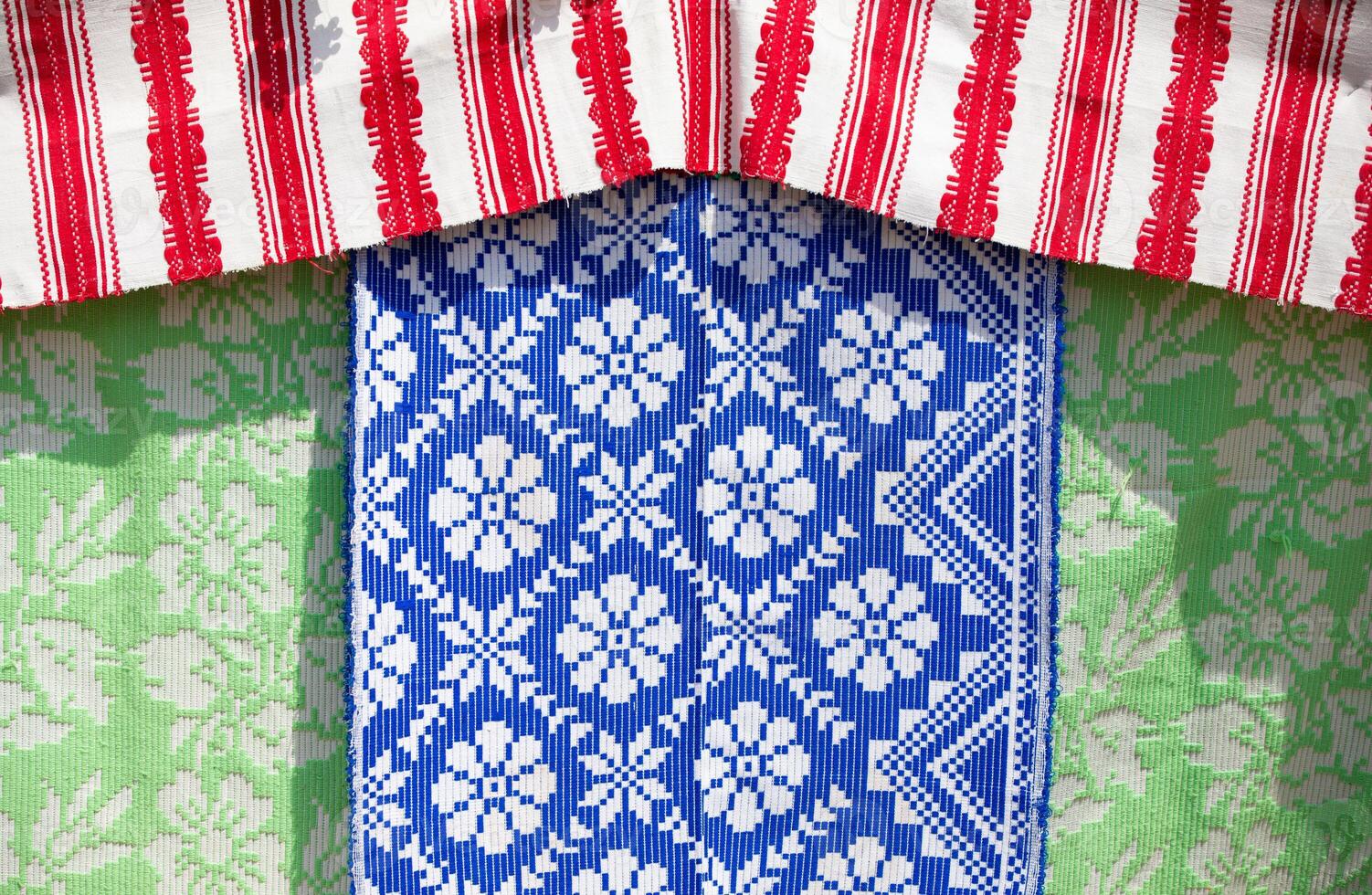 Slavic embroidered towels with ethnic patterns. National Belarusian or Ukrainian pattern on fabric. photo
