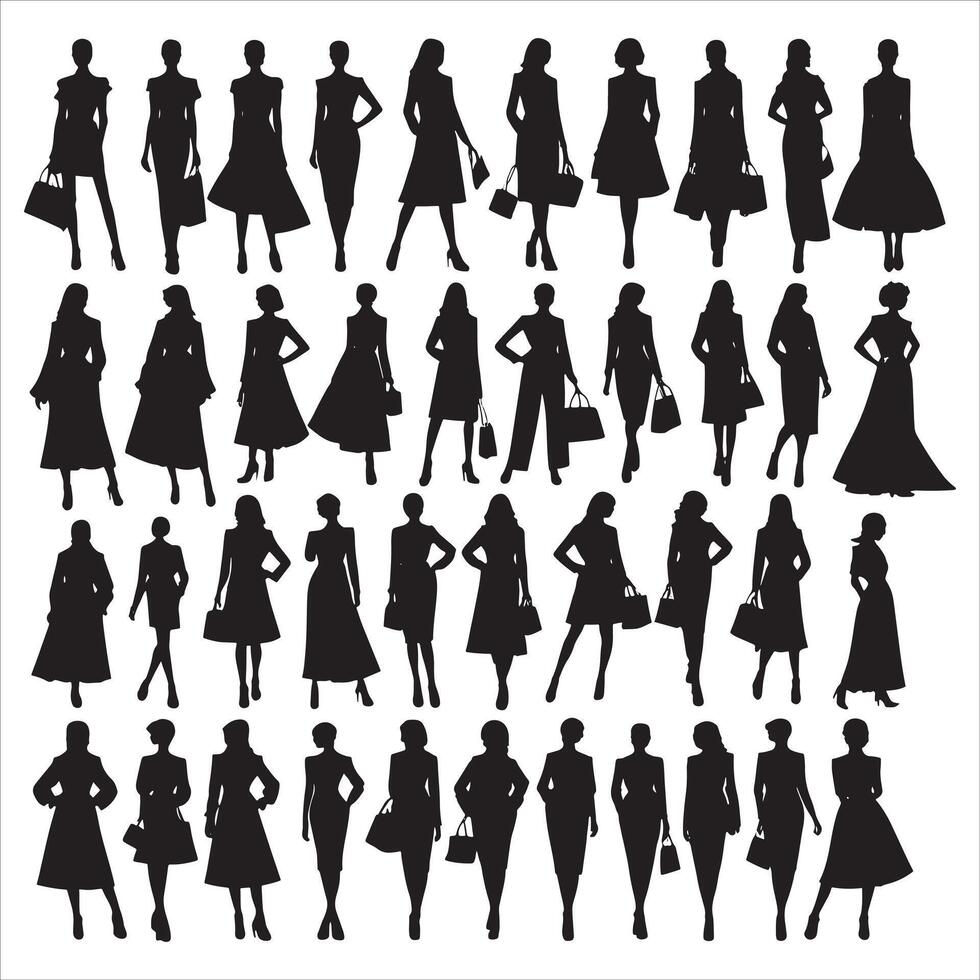 Big Collection of Women Silhouette on White Background vector