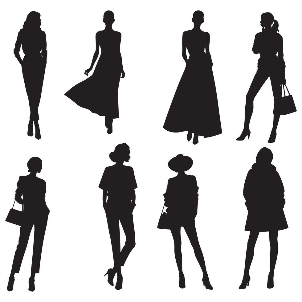 Stylish Women Silhouette in Standing Pose on White Background vector