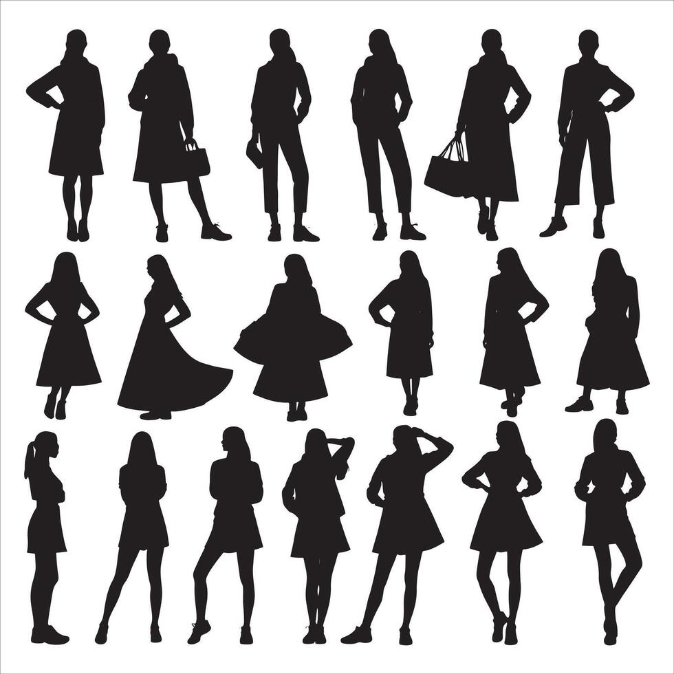 Casual Modern GIrl Silhouette with Variety of Poses on White Background vector
