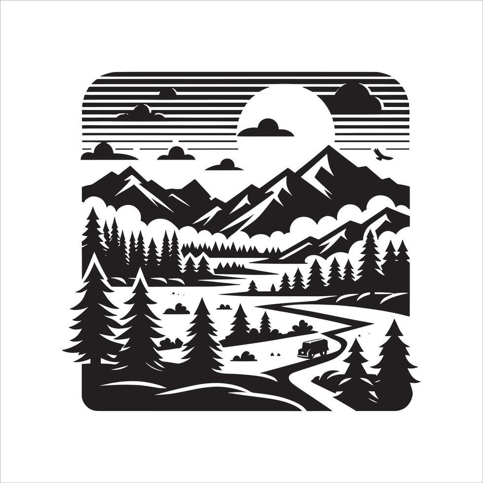 Minimalist Landscape Silhouette in Simple Outline on White Background vector