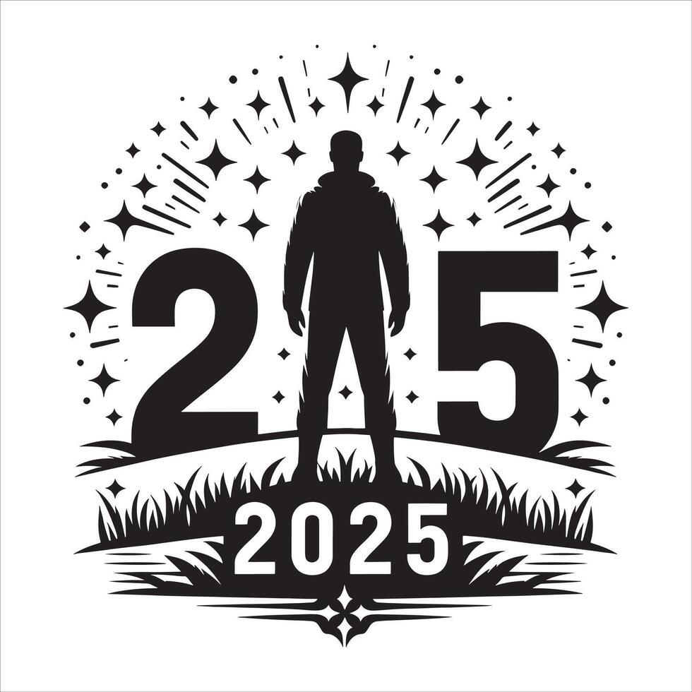 Happy New Year 2025 Silhouette with Party Streamers on White Background vector