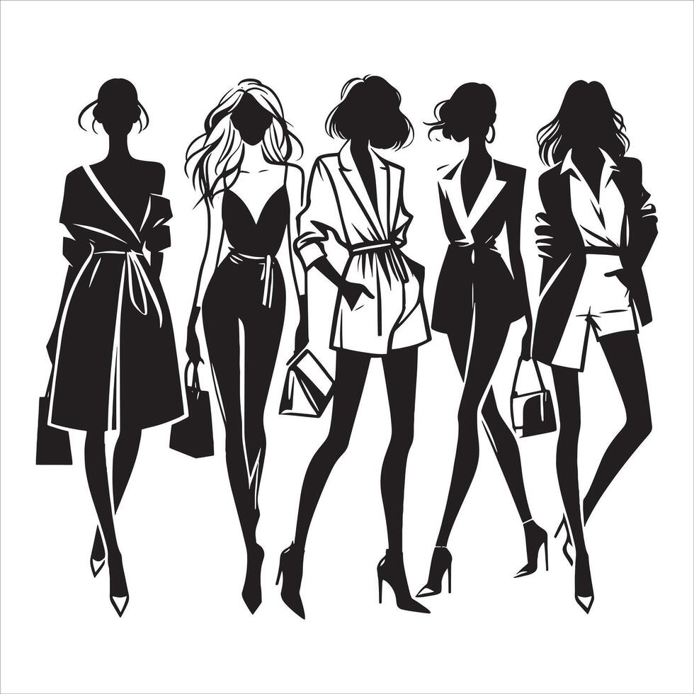 Set of Modern Fashion of Women Silhouette on White Background vector