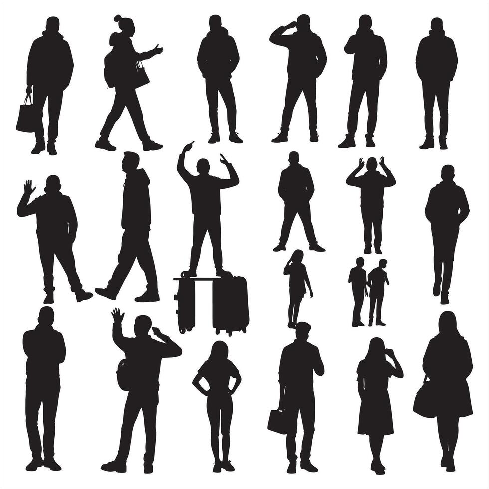 Group of Men Silhouette in Casual Pose on White Background vector