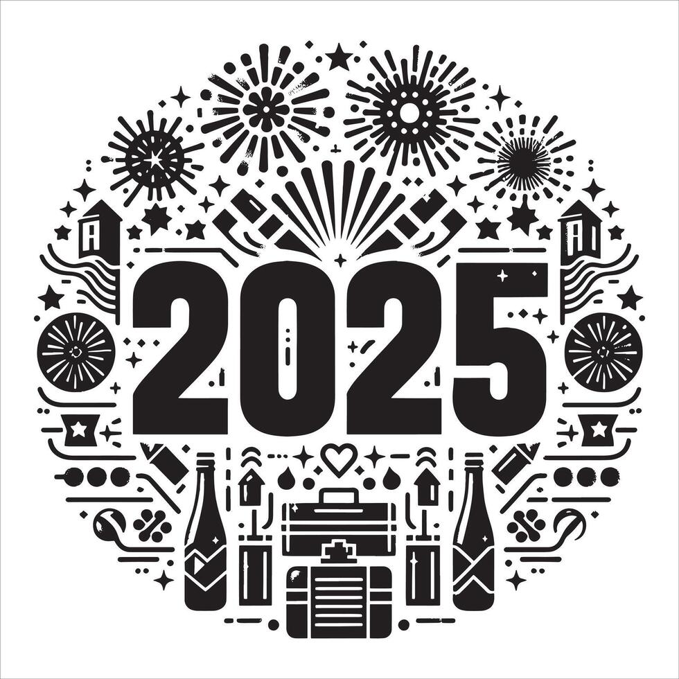 Classic New Year 2025 Silhouette with Celebration Theme on White Background vector