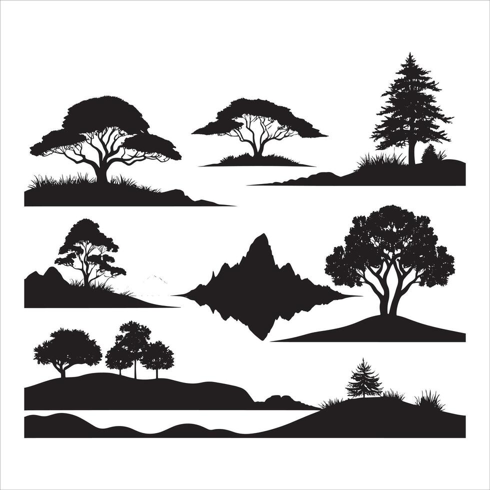 Forest Landscape Silhouette with Dense Trees on White Background vector