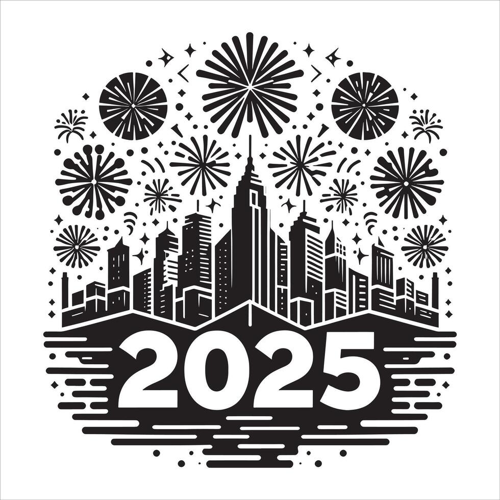 Fireworks New Year 2025 Silhouette in Simple Form on White Background vector
