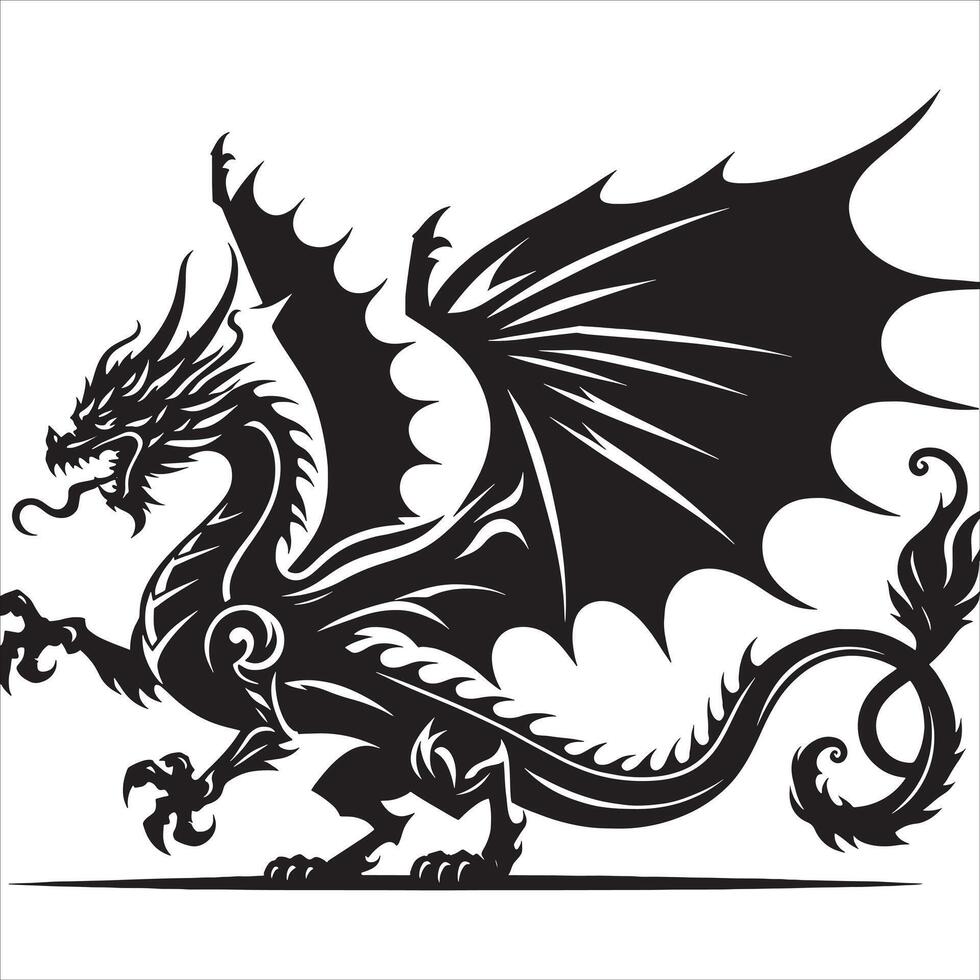 Dragon Silhouette with Extended Claws on White Background vector