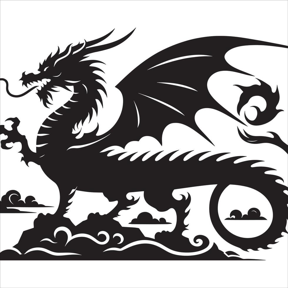 Bold Dragon Silhouette with Curved Tail on White Background vector