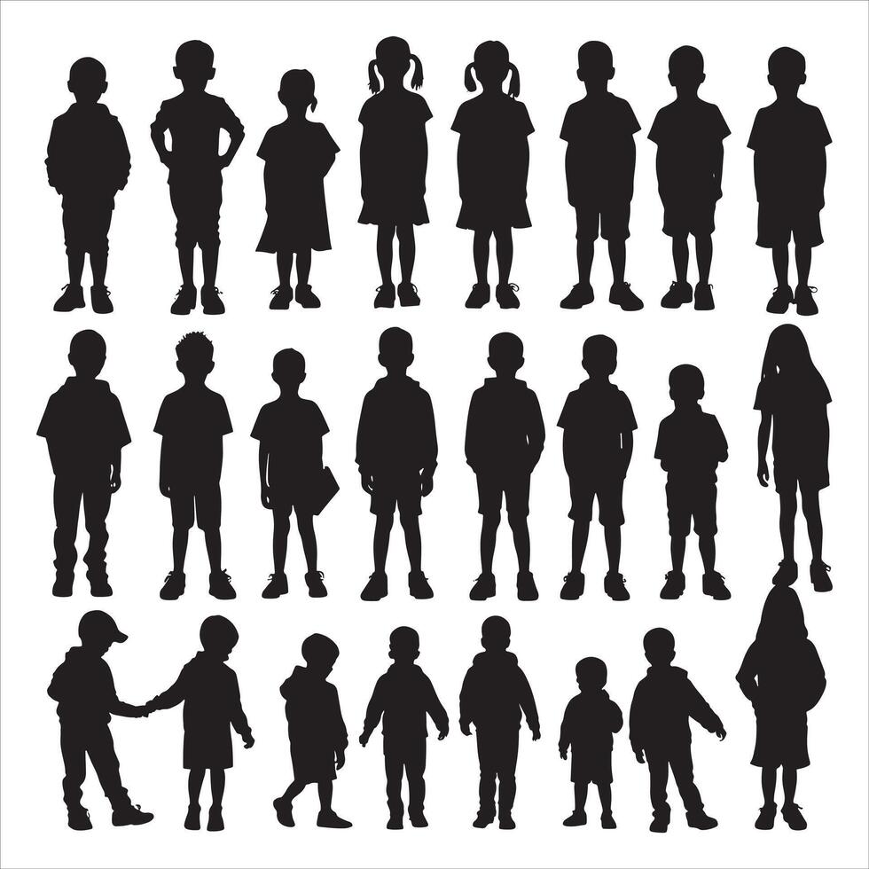 Playful Group of Children Silhouette on White Background vector