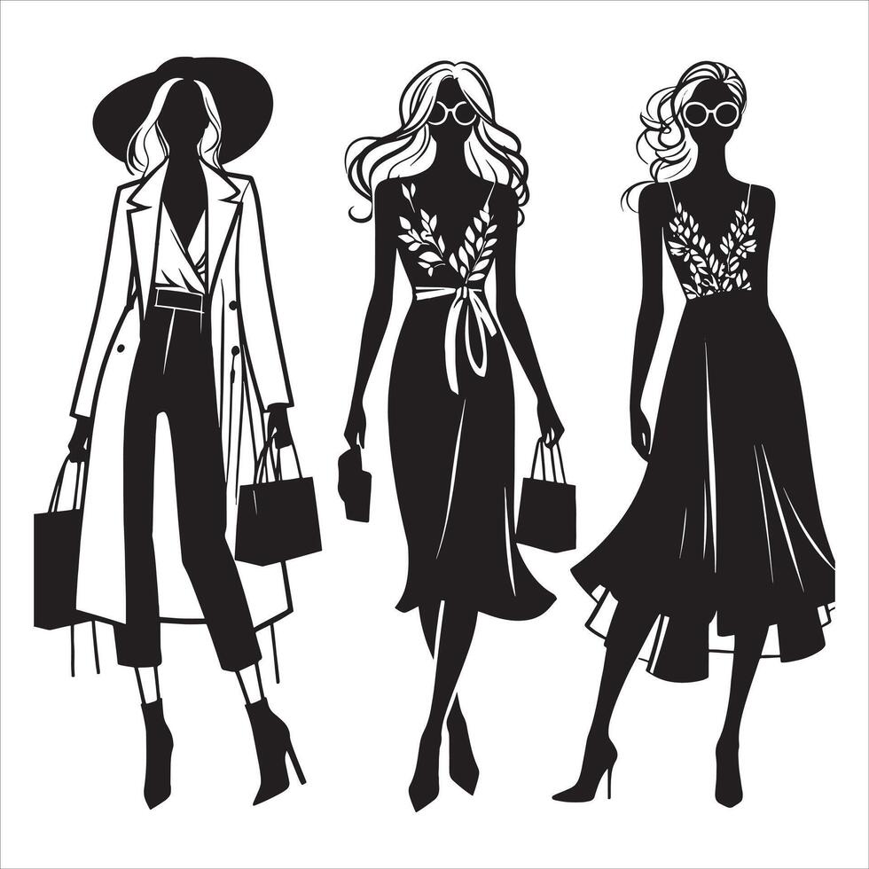 Set of Stylish Women Silhouette with Hands Raised on White Background vector