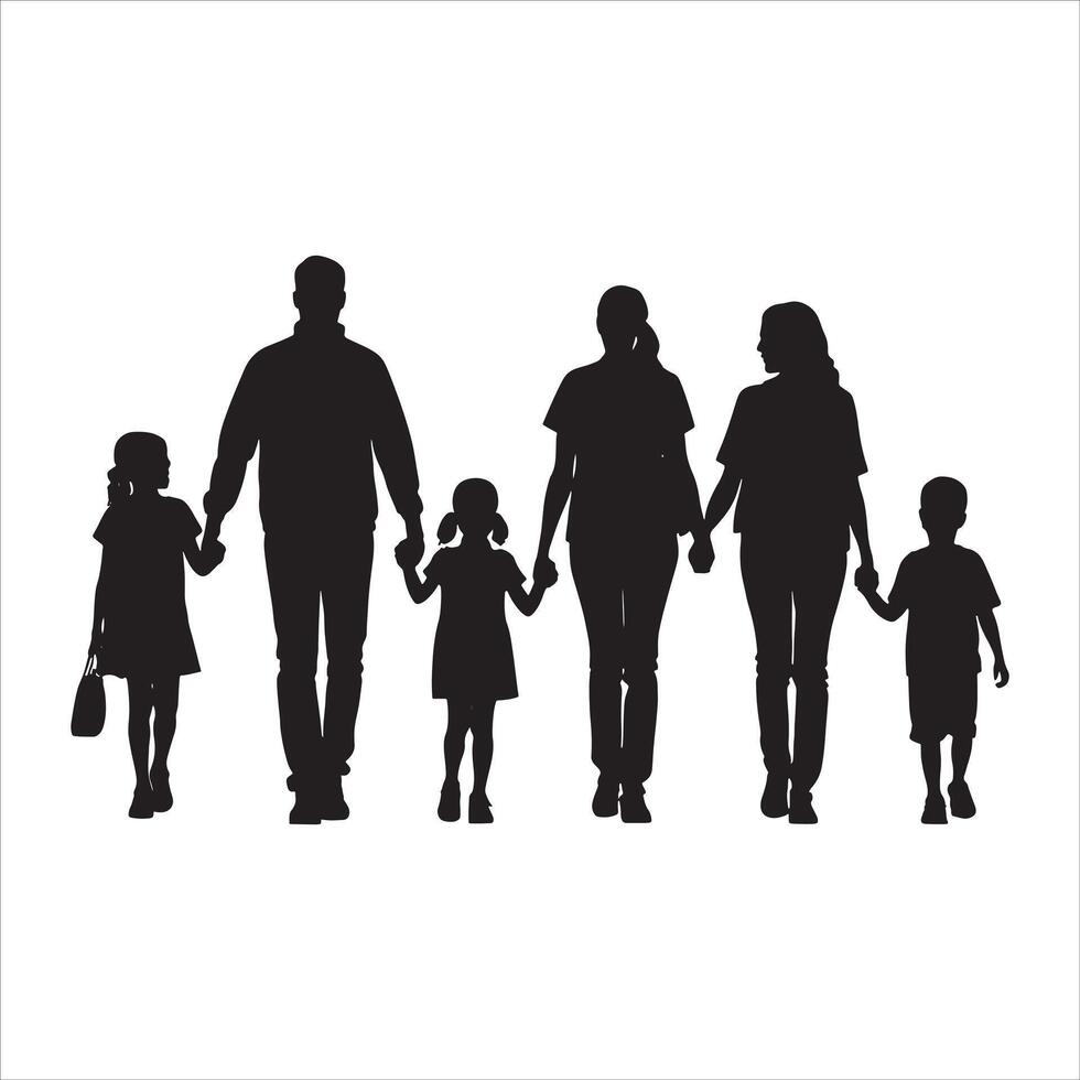 Artistic Family Silhouette in Happy Pose on White Background vector