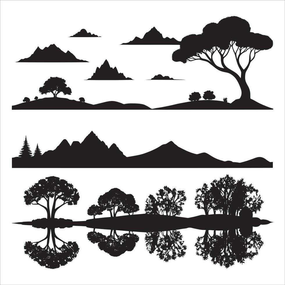 Scenic Landscape Silhouette with Clouded Sky on White Background vector