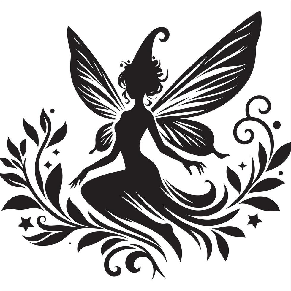 Cute Fairy Silhouette in Resting Pose on White Background vector