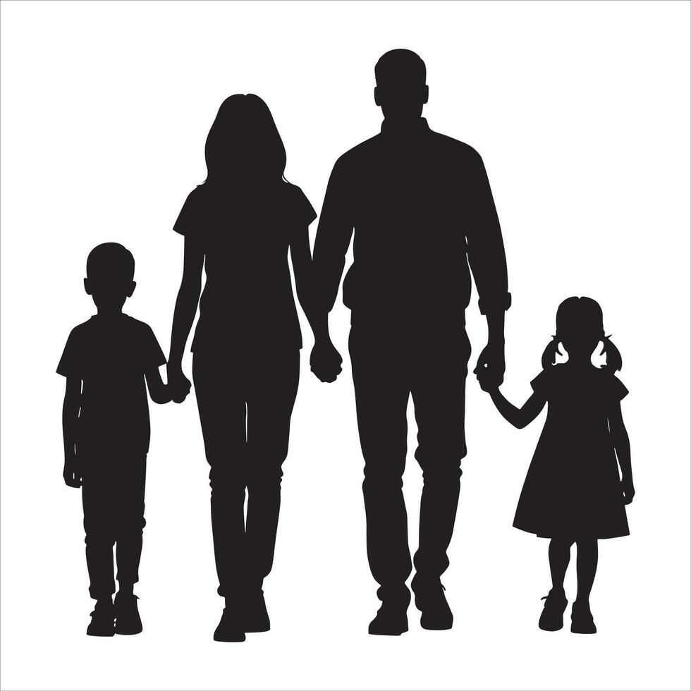 Family Silhouette with Linked Arms on White Background vector