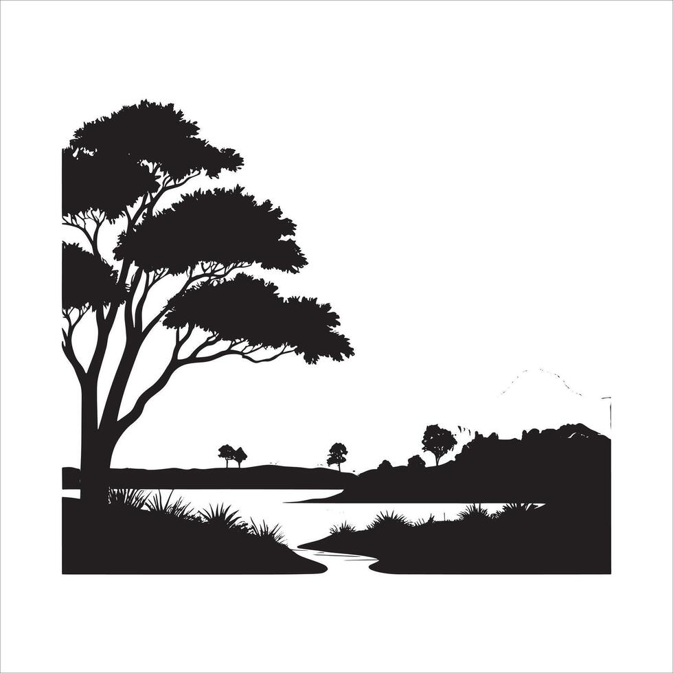 Big Tree Landscape Silhouette with Hills on White Background vector