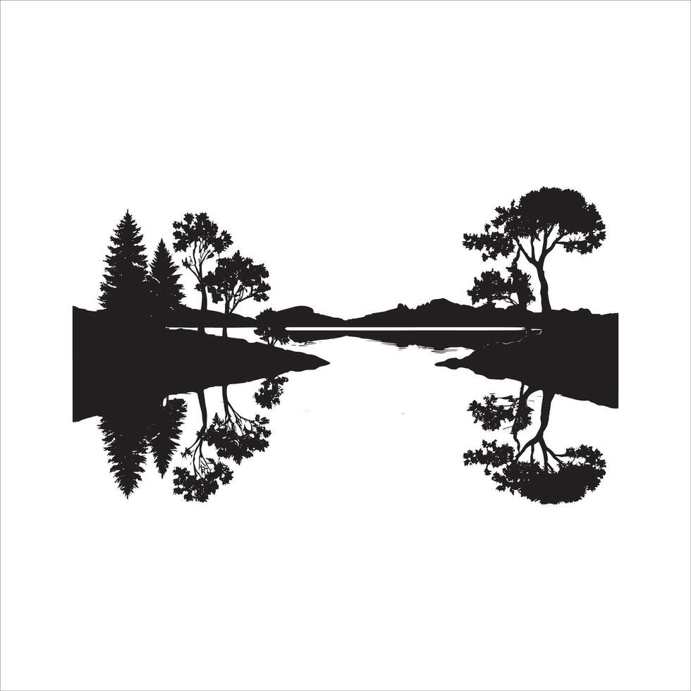 Serene Landscape Silhouette with Sun on White Background vector
