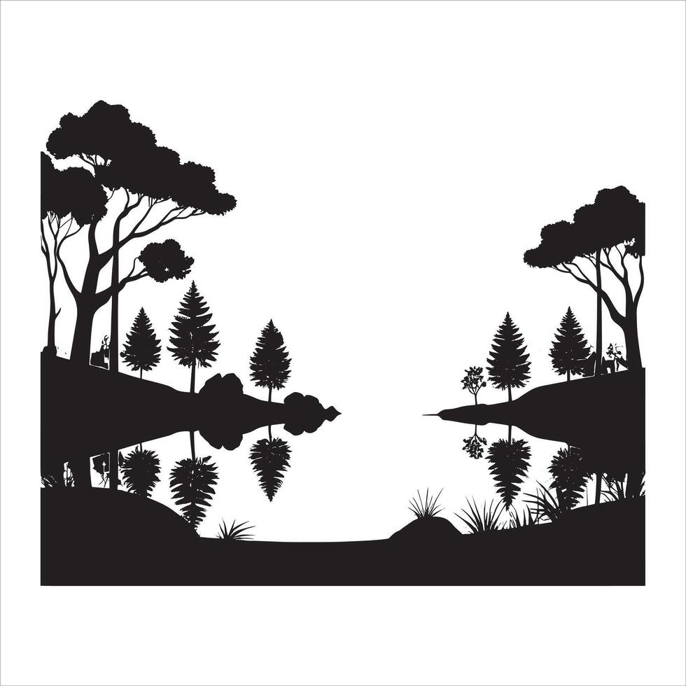 Pine Tree Landscape Silhouette with Hills on White Background vector