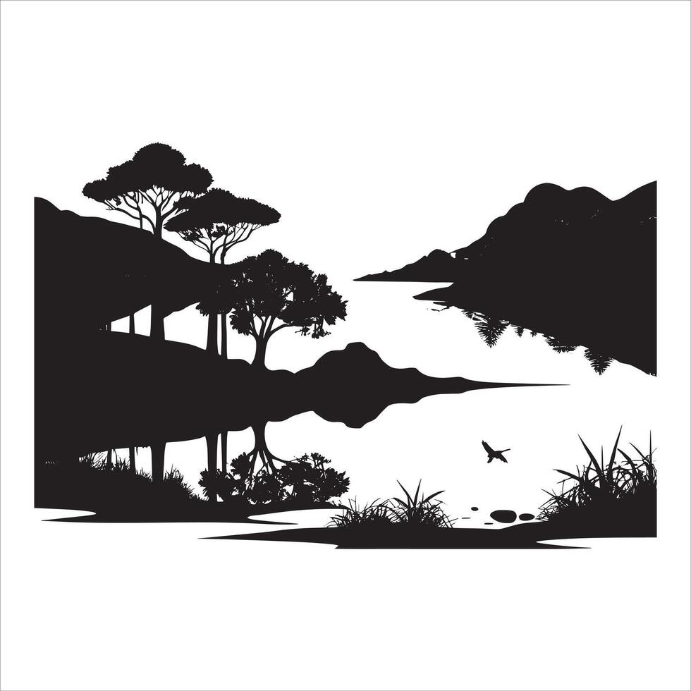 Scenery Landscape Silhouette with Hills on White Background vector