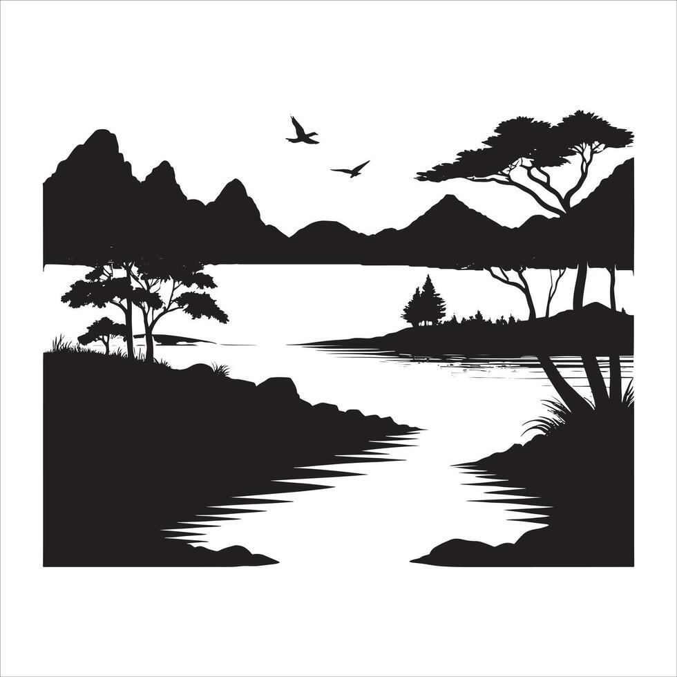 Birds in Sky Landscape Silhouette with Hills on White Background vector