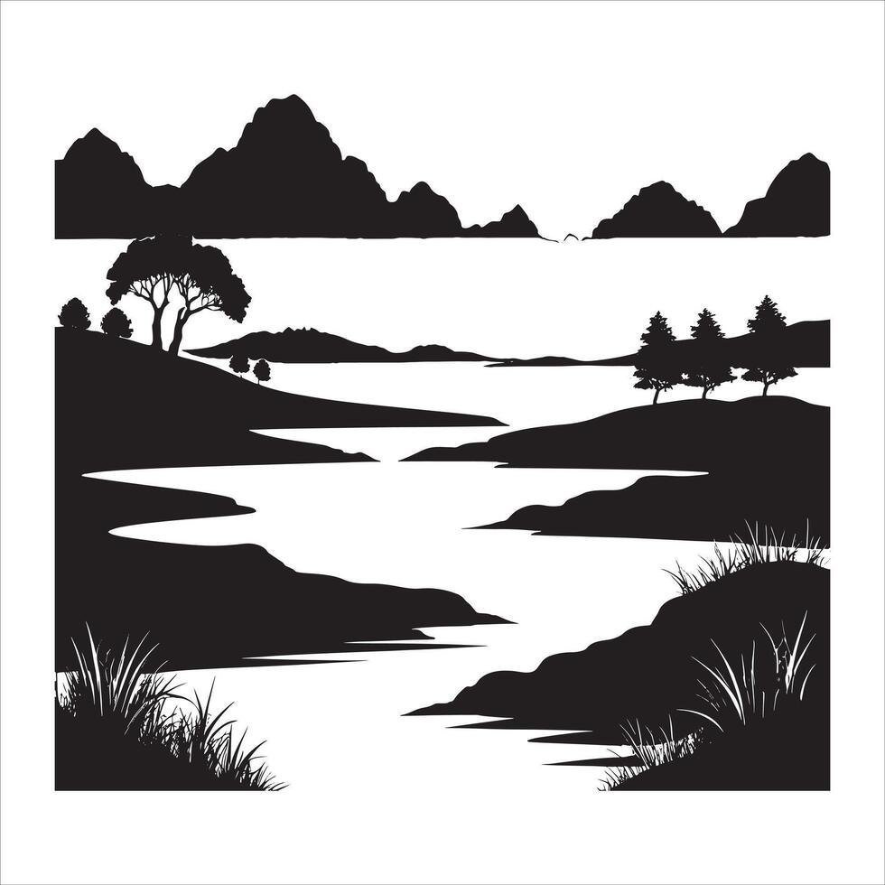 Wild Landscape Silhouette with Forest Outline on White Background vector