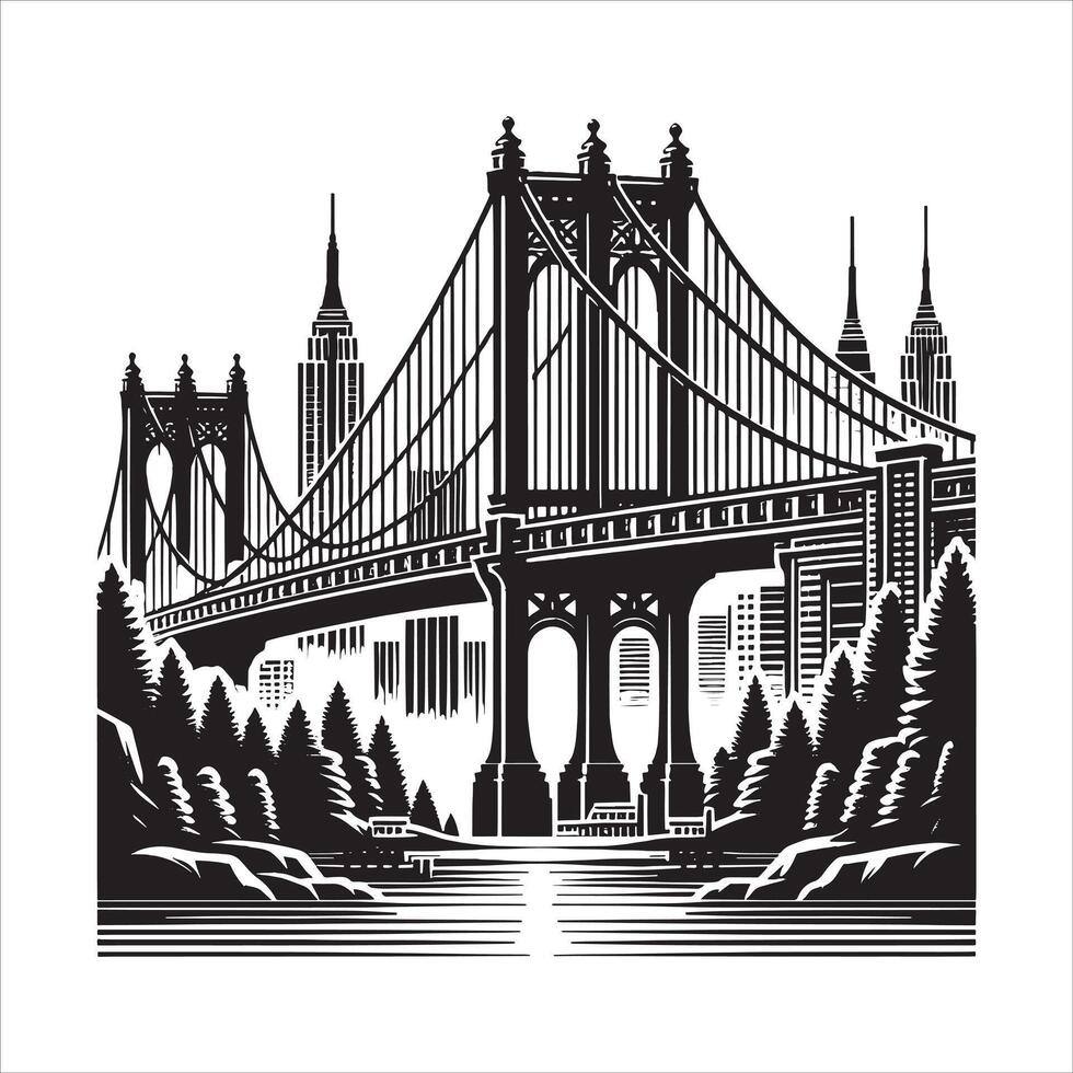 Unique Bridge Silhouette Spanning Across White Background vector