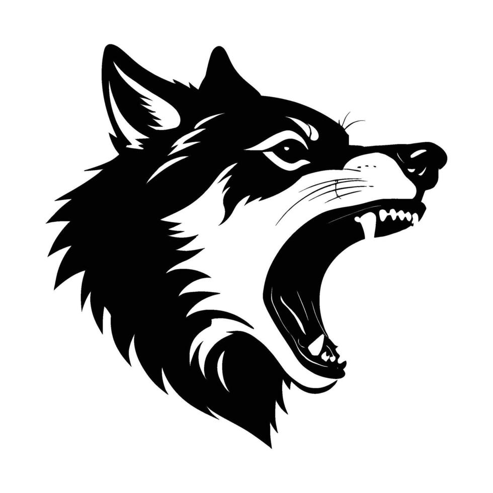 Distinct Wolf Head Silhouette with Wide Eyes on White Background vector