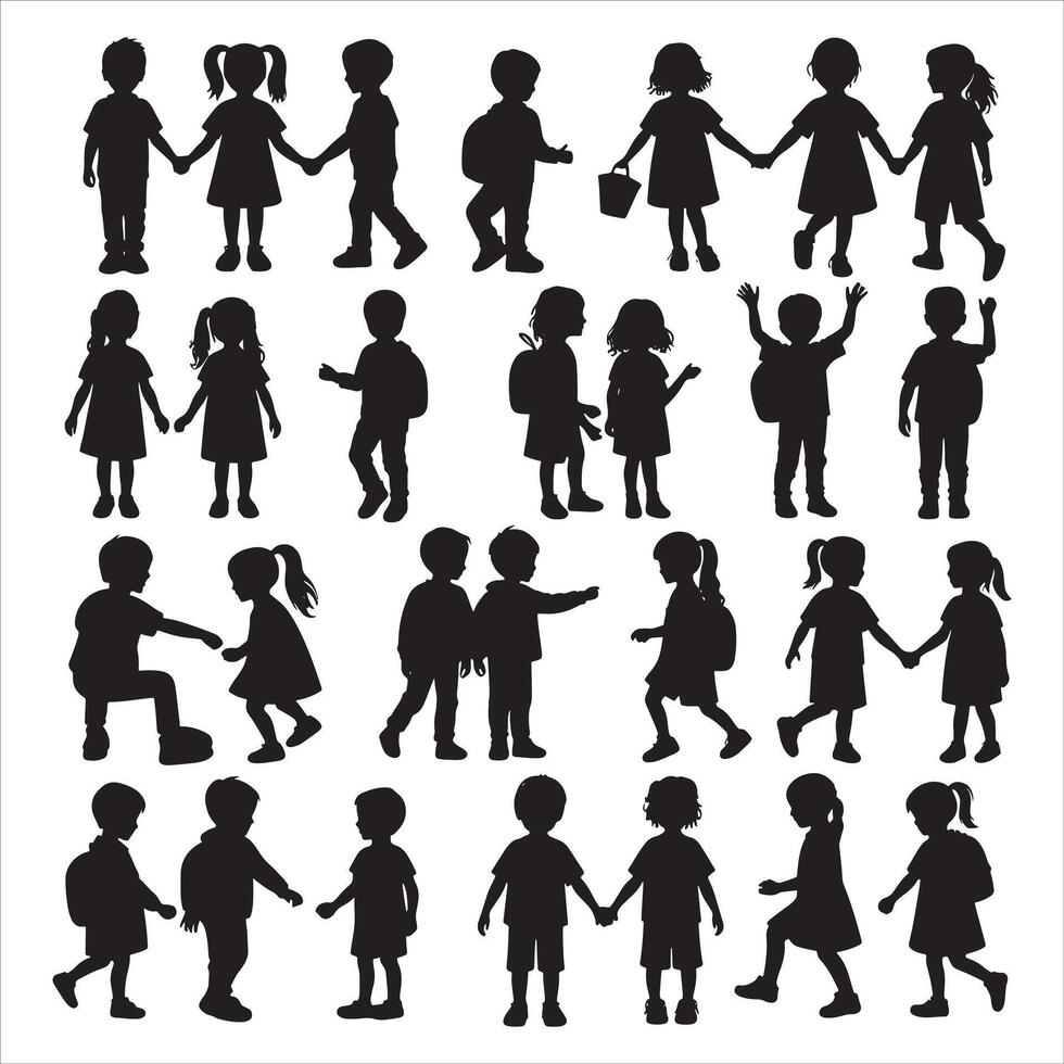 Happy Children Silhouette with Raised Hands on White Background vector