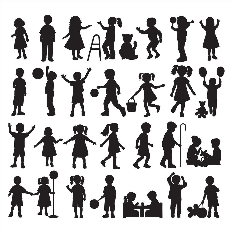 Smiling Children Silhouette Holding Hands on White Background vector