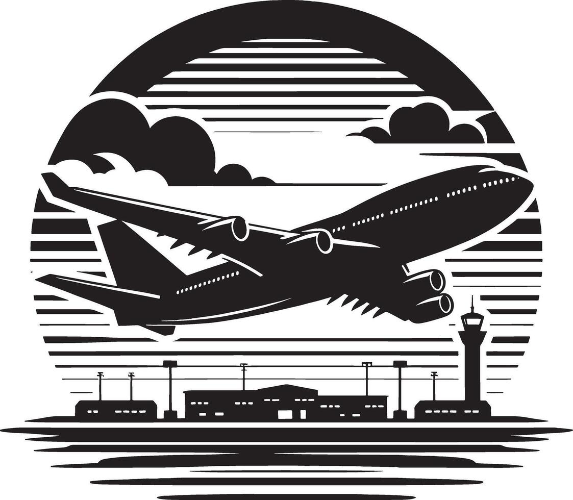 Airplane Silhouette with Wings Outstretched on White Background vector