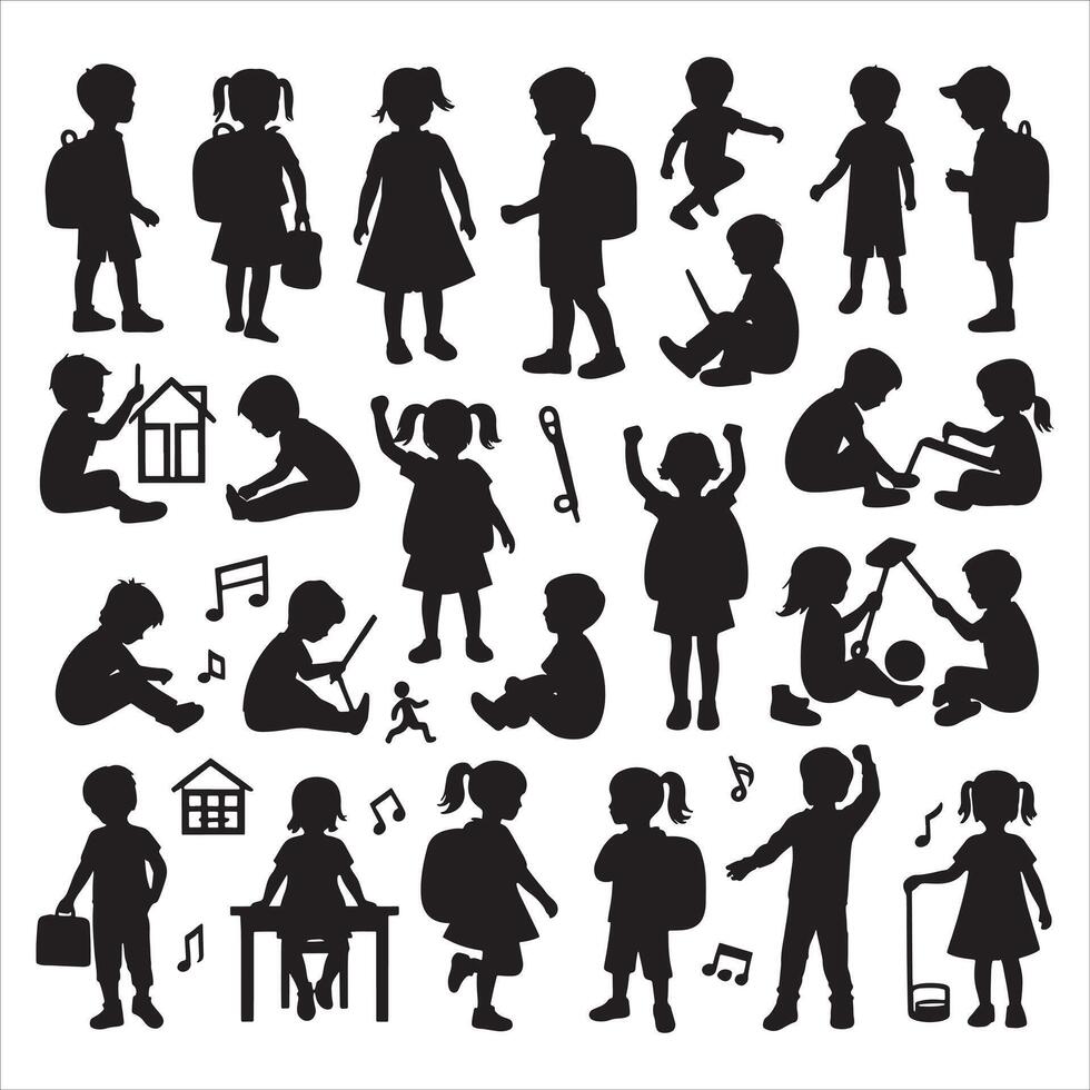 Children Silhouette with Arms Linked on White Background vector