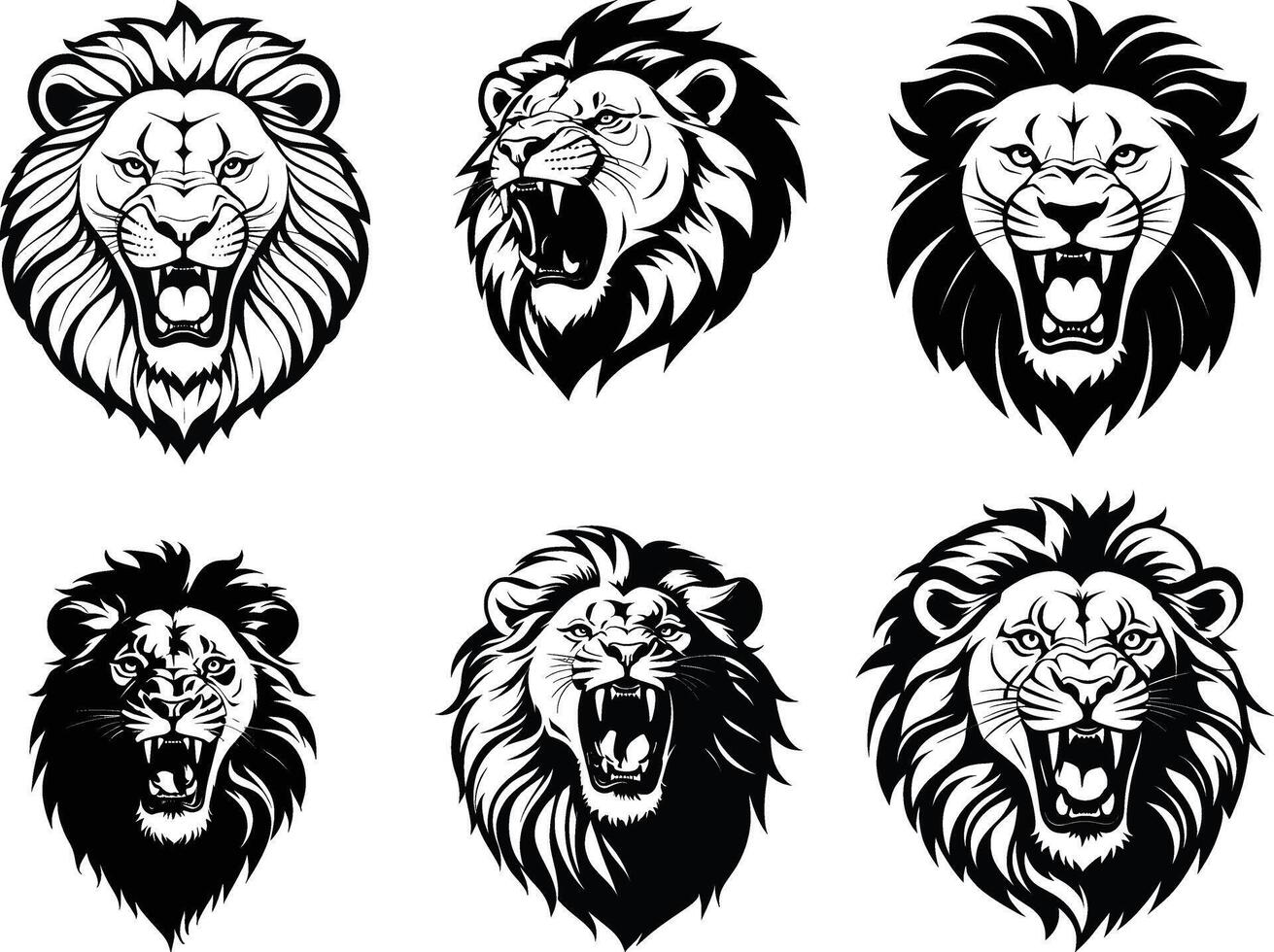 Set of Artistic Lion Head Silhouette Facing Right on White Background vector