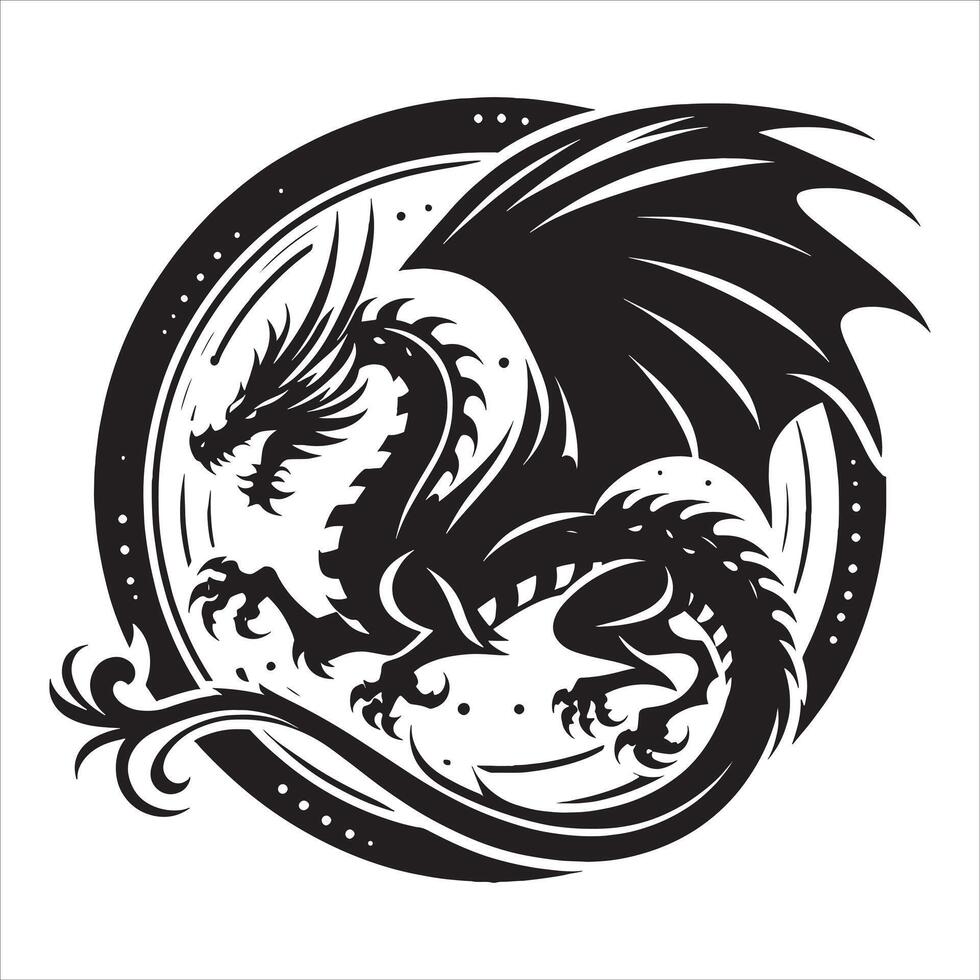 Ancient Dragon Silhouette with Sharp Fangs on White Background vector