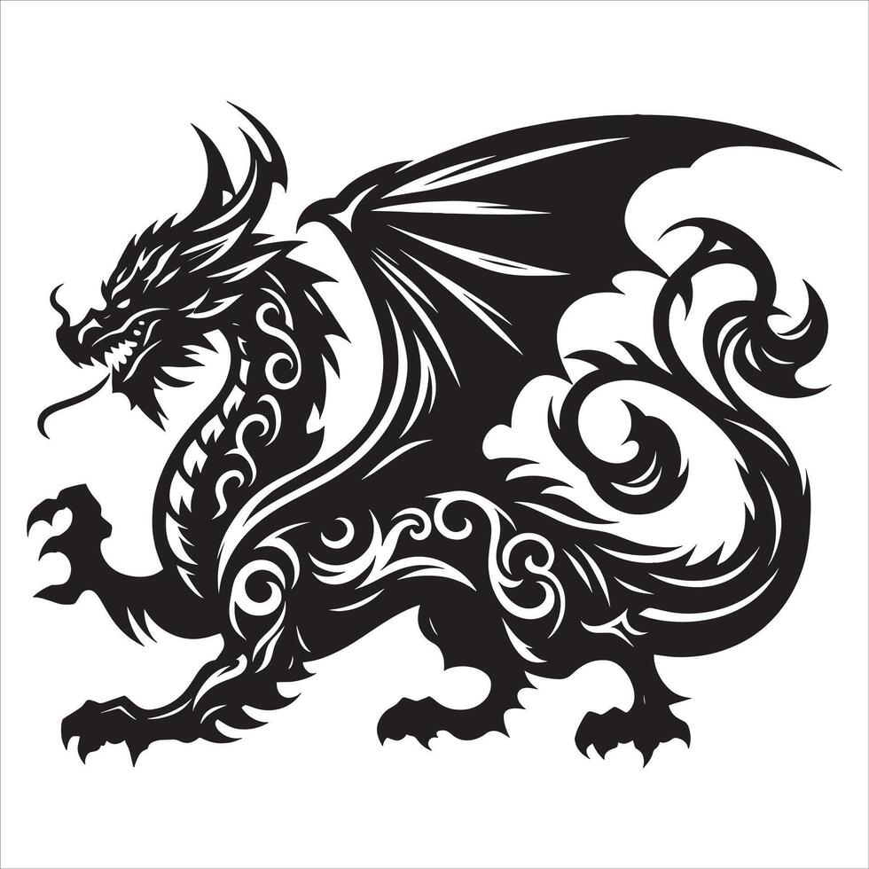 Dragon Silhouette with Detailed Scales on White Background vector