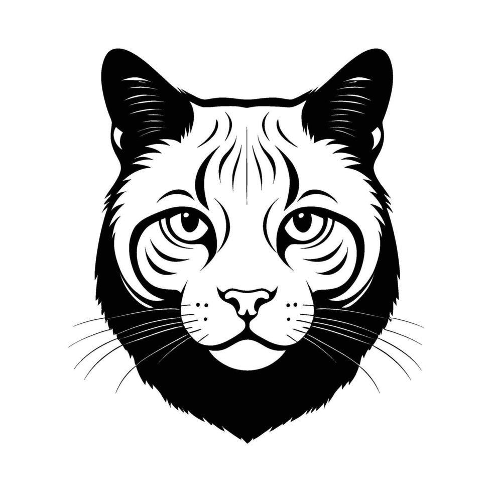 Friendly Scottish Cat Head Silhouette with Detailed Ears on White Background vector