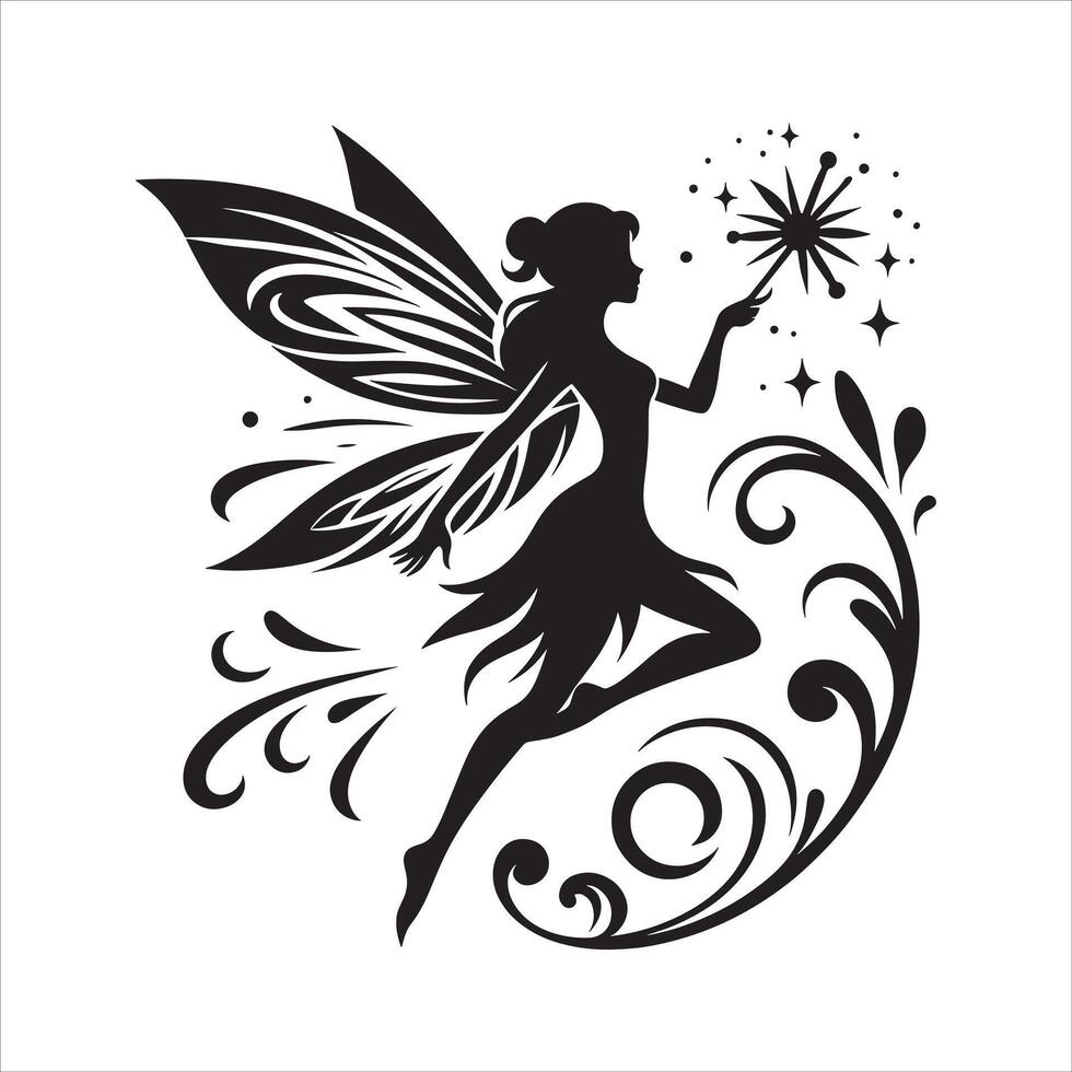 Classic Fairy Silhouette Sitting on a Flower on White Background vector