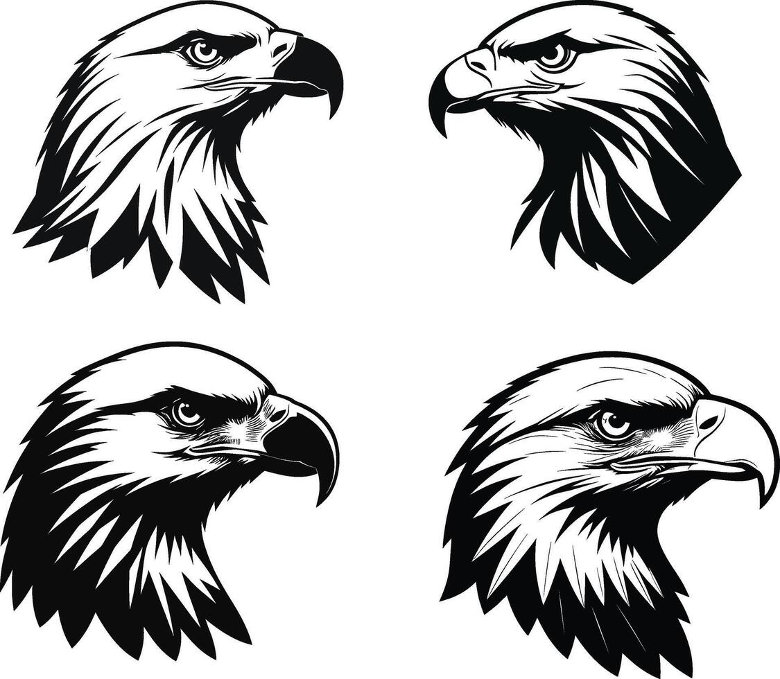 Set of Detailed Eagle Head Silhouette in Side View on White Background vector