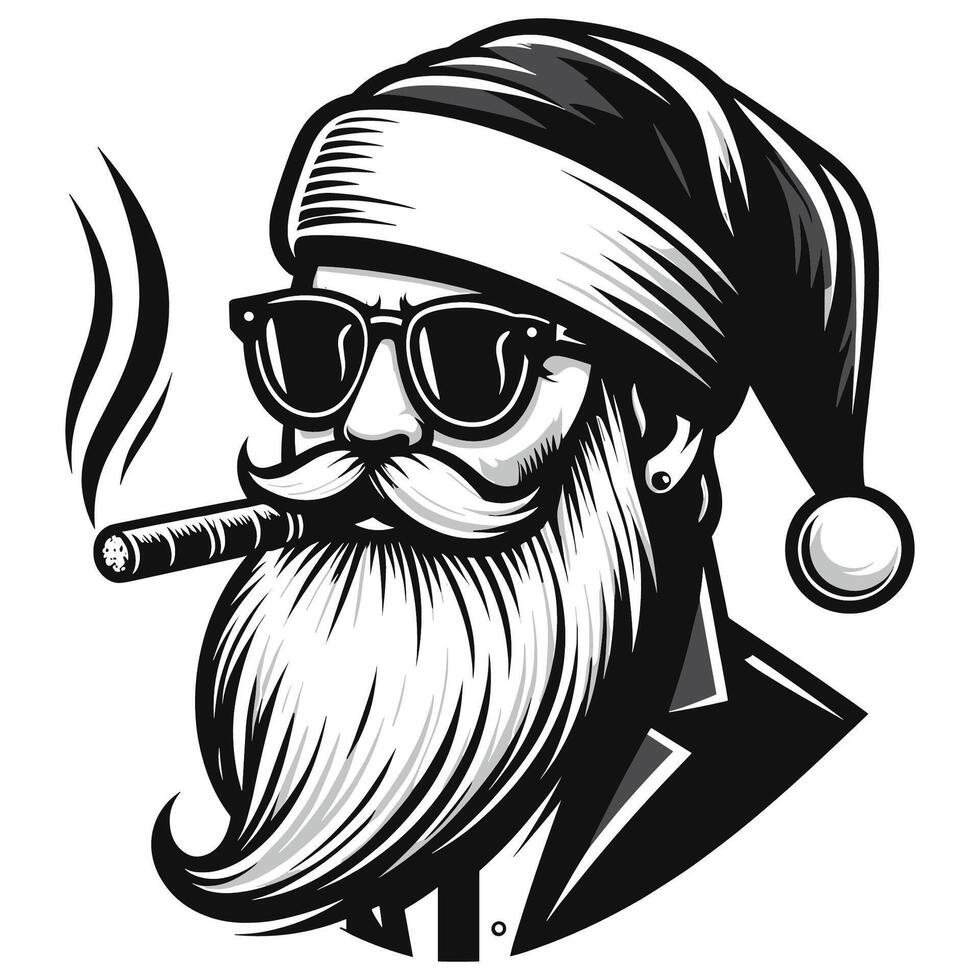 Vintage Hipster Santa Smoking Cigar with Sunglasses in Black and White Illustration vector