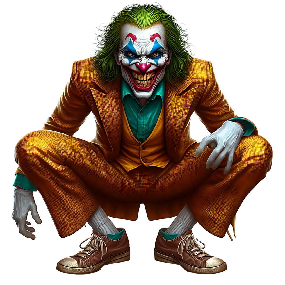 Realistic Scary Ghost Joker is sitting on his feet with a crazy smiling face png