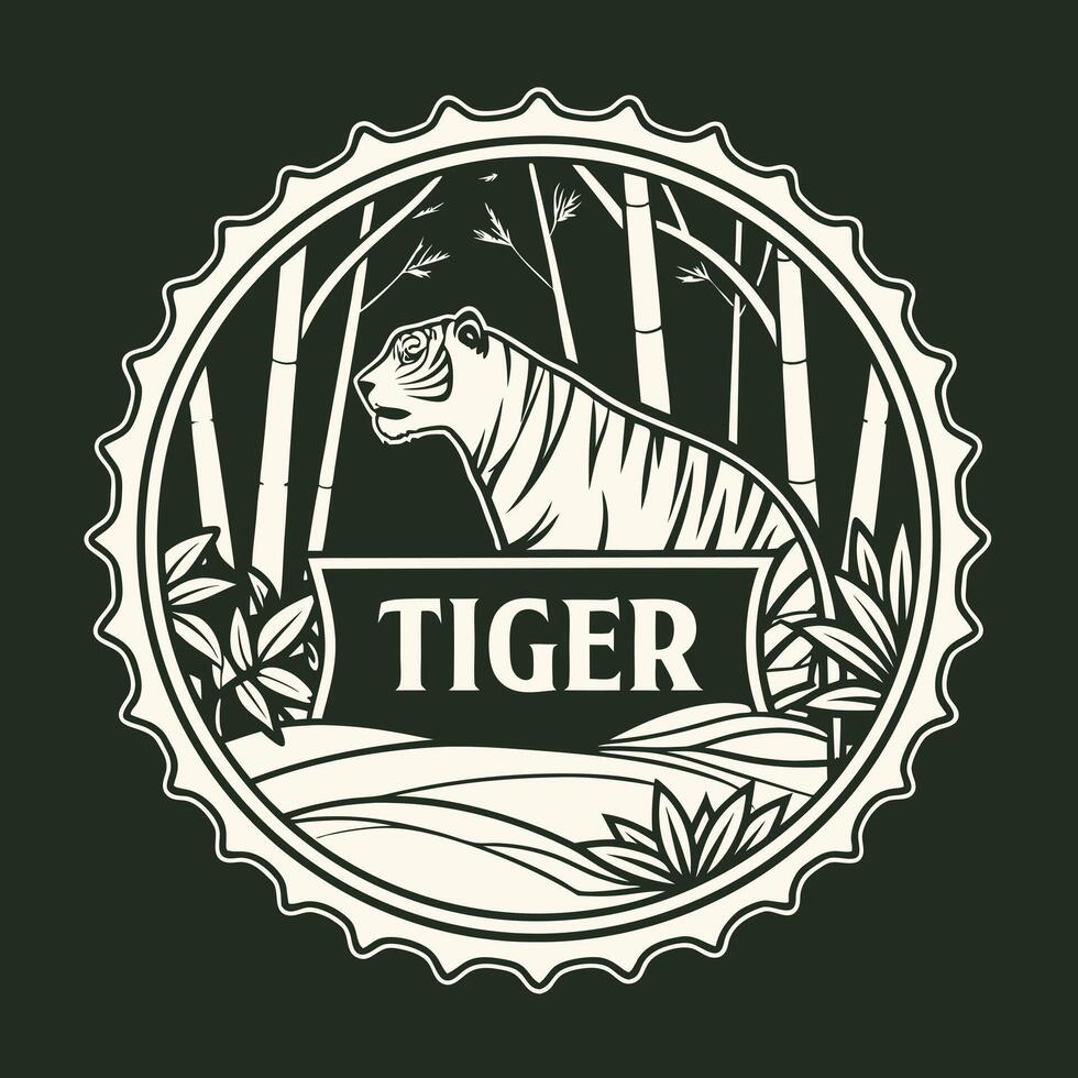 A tiger in the forest with the word tiger on it vector