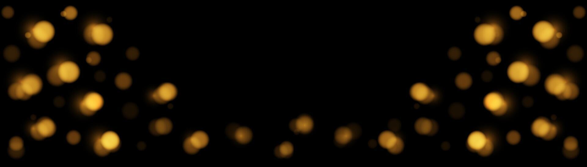 horizontal banner many Golden bokeh circles, golden particle on black background. Yellow and Orange light circular design along the down edge of the banner. Background with copy space. vector