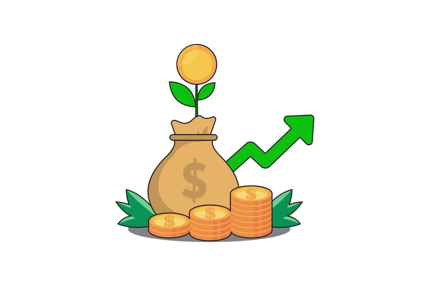 Profit money or budget illustration, flat cartoon pile of cash and rising graph arrow up, concept of business success, economic or market growth, investment revenue, capital earnings, benefit vector