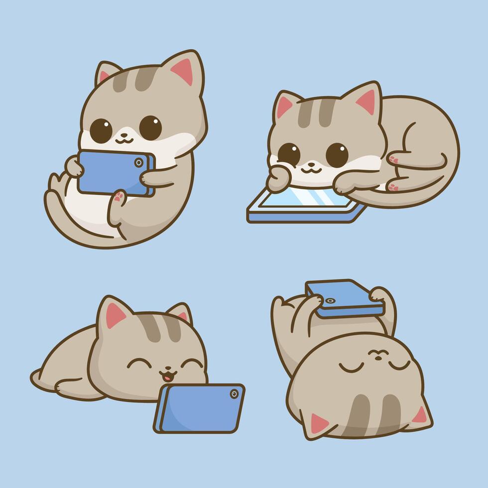 Happy cat play with phone cartoon vector